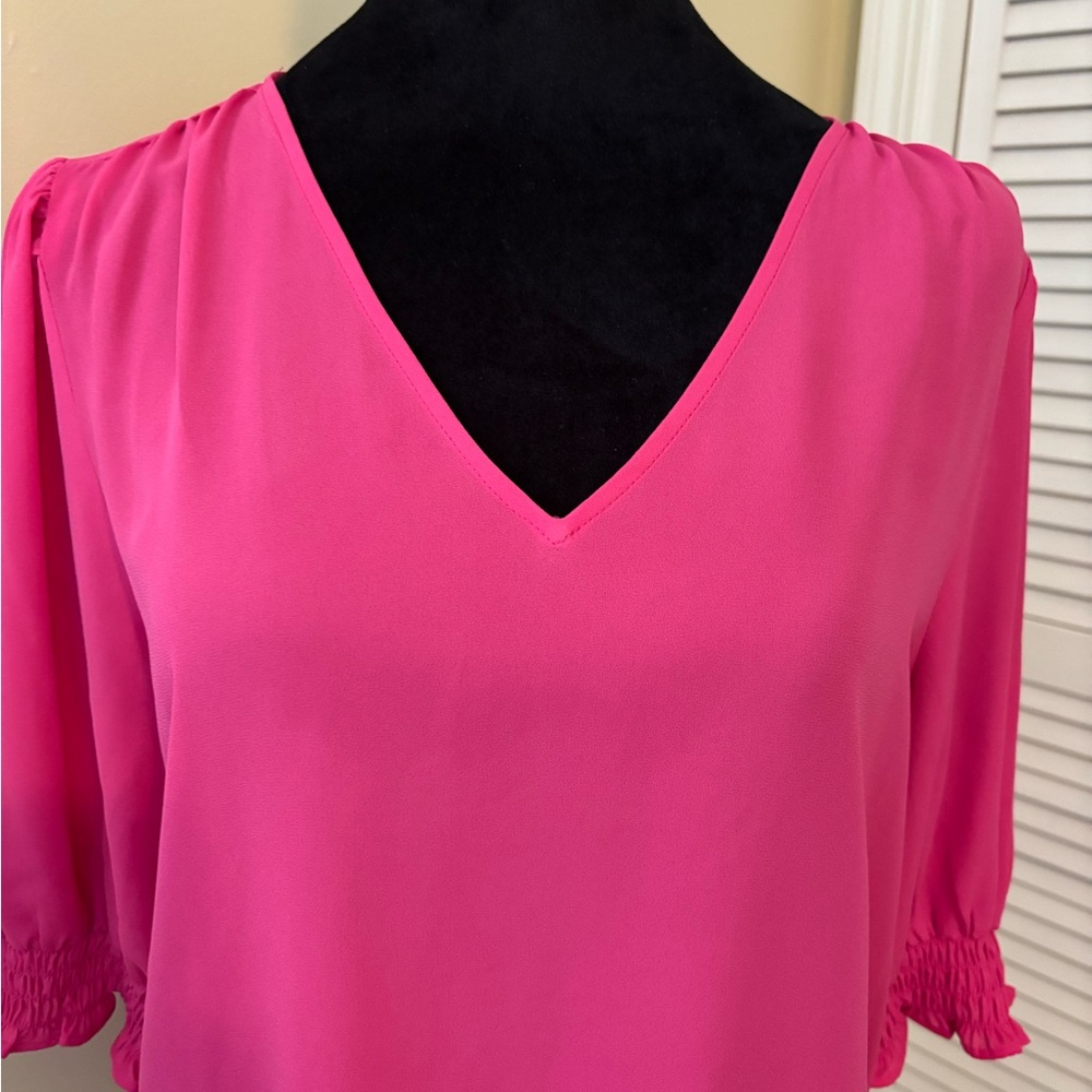 Ann Taylor V-Neck Smocked Cuff Blouse in Hot Pink